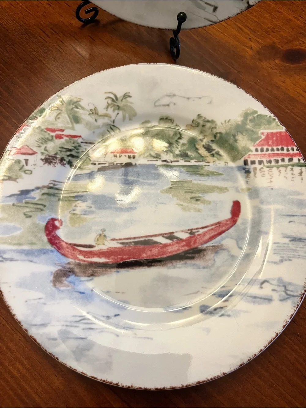 Pier One Destination 7 1/2” salad/dessert plates Set of 4, Red & Blue Accents